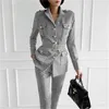 Koreanska Vintage Ol Stil Plaid Två Piece Sets Outfits Höst Single-Breasted Belted Coat + Ankellängd Byxor Suits 210518
