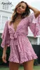 Bell Sleeve Floral Boho Playsuit Romper Wiosna Letnie Kobiety Plaża Playsuit Elegancki V Neck Różowy Romper Women Fashion 210415