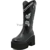 High Knee Mid Boots Winter Women Calf Boot Embroider Black Shoes Platform Western Riding Heel Chunky Shoe 273 383