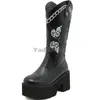 Kvinnor Winter Knee High Boots Mid Calf Boot Embroider Black Shoes Platform Western Riding Heel Chunky Shoe 271