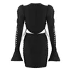 Sexy Hollow Out Dress For Women O Neck Flare Long Sleeve High Waist Lace Up Bowknot Mini Bodycon Dresses Female Fashion 210531