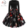 Winter Christmas Dresses Women 50S 60S Vintage Robe Swing Pinup Elegant Party Dress Long Sleeve Casual Plus Size Print Black 211206