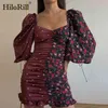 Patchwork Bodycon Mini Elbise Kadın Fener Kol Seksi Parti Çiçek ve Nokta Papyon Chic Kısa ES 210508