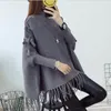 Turtleneck Cloak Trui Mode Plaid Breien Poncho Batwing Mouw Swing Tassel Hem Wrap Dames 210427