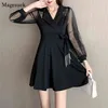 Jesień Mesh Black Sexy Mini Dress Kobiety Notched Długi Rękaw Office Ladies Es Sashes Tassel A-Line Party Vestido 12558 210512