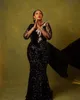 2021 Sexy Plus Size Arabic Aso Ebi Black Mermaid Prom Dresses Deep V neck Long Sleeves Lace Sequined Sparkly Evening Formal Party Gowns Sequins Sweep Train