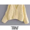 TRAF Maglione cardigan lavorato a maglia sciolto patchwork moda donna Vintage scollo a V manica lunga Capispalla femminile Chic Top 210415