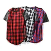 Tops Mode PU-Leder Splicing Sleeve Herren Sommer Casual Markenkleidung Spliced Plaid T-Shirt Männer Reißverschluss Extended Arc Saum 210716
