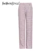 Pantaloni dritti rosa plaid per le donne a vita alta casual allentato largo pantaloni a gamba femminile abbigliamento moda 210521