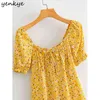 Floral Print Yellow Holiday Summer Dress Dames Sexy Square Neck Puff Sleeve A-lijn Mini Prairie Chic Vestido 210430