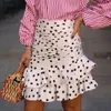 Chique polka dot print ruches asymmetrische mini rok vrouwen elegante hoge taille gegolfd onregelmatige zoom ontwerp bodycon 210428