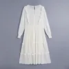 Women Dress White Green Floral Embroidery Ruffle Dresses Woman Summer Long Sleeve Vintage Party Midi Ladies 210430