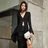 Sexy Black See Through Shirt For Women V Neck Flare Sleeve High Waist Slim Blouse Female Fashion Clothes Fall 210524