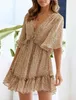 Sexy tiefem V-Ausschnitt Leopardenmuster Sommerkleid Frauen Kurzarm Mini Strand Boho Frühling Rüschen rückenfreie Sommerkleider 210427