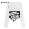 Yitimuceng Fake 2 Pieces Oregular T-shirts Kvinna Långärmad Square Collar Top Harajuku Sommar Koreansk Fashion Tshirts 210601