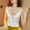 Blusas de mujer de seda coreana Tops Mujer Blusa de satén Camisas Mujeres Bordado Blusas de encaje Top Mujer con cuello en V Blusa de satén elástica Top 210412