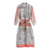 Moda damska z pasem Paisley Drukuj Midi Koszula Sukienka Vintage Trzy Czwarty Rękaw Button-Up Sukienki Mujer 210430