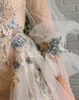 Vestidos de festa cristal vestido floral ver-through o-pescoço vestido de baile ponto de onda bolha mangas applique longo trem tulle noite