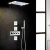 Moderno cabezal de ducha de lluvia pulido cromado con rociador de mano termostático LED de 14 x 20 pulgadas Todas las funciones pueden funcionar juntas