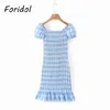 Foridol Bowknot Lace Up Plaid Sommerkleid Frauen Vorderausschnitt Karierte Baumwolle Bodycon Rüschen Blau Mini Strandkleid 210415