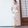 Johnature Women Stand Cotton Vintage Dress Casual Summer Print Floral Half Sleeve Button Chinese Style Cheongsam 210521