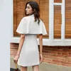 [EAM] Kobiety Białe Podwójne Piersiste Dress Dress Notched Krótki Rękaw Loose Fit Fashion Spring Summer 1U702 210512