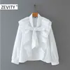 women fashion v neck bow tie casual smock blouse shirt pleated ruffles chic white blusas streetwear tops LS7241 210420