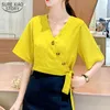 Irregular Short-sleeved Chiffon Shirt Women Summer Yellow Blosue V-neck Bow Tie Short Blouse Ropa De Mujer 14112 210508