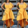 2022 Seksi Vintage Sarı Kısa Balo Elbiseleri Spagetti kayışları kolsuz saten yüksek düşük uzunluk, yay artı boyutu parti elbisesi gece elbiseleri kıyafet