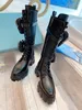 Vrouwen Echt Leer Monoliet Laarzen Designer Lady Nylon Zakje Riem Rubberen Loopvlak Zool Enkel Combat Boot