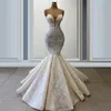Beaded Mermaid Wedding Dresses Bridal Gown Crystals Custom Made Sweetheart Halsbindning Spets Applique Golvlängd Plus Size Vestido de Novia 403
