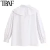 TRAF Kadınlar Tatlı Moda Nakış Ruffled Beyaz Bluzlar Vintage Puf Kol Düğmeleri Kadın Gömlek Blusas Chic Tops 210415