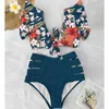 Bloemen gegolfde zoom bikini set vrouwen flora v-hals high-taille twee stuk badpak meisje strand badpak badmode biquinis 210611