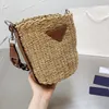Straw Beach Bag Woven Handmade Shoulder Sling Crossbody Bags Clutch Wallet Purse Two-tone Leather Brown Pouch2364
