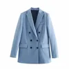 Za Blue Dubbelbröst Spring Blazer Kvinnor Långärmad Office Lady Coat Blazers Woman Chic Flap Fickor Eleganta Toppar 210602