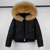 Janveny Piumino da donna con cappuccio in vera pelliccia di procione Inverno 90% piumino d'anatra Cappotto corto Piuma imbottita femminile Parka Outwear 210913