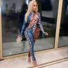 Fall Snake Print Bodycon Jumpsuit för kvinnor Långärmad Cross Bandage Hollowout Romper Sexig One Piece Night Club Outfits Women's Jumpsuits