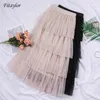 Fitaylor Spring Sweet Cake Layered Long Mesh Skirts Princess High Waist Ruffled Vintage Tiered Tulle Pleated ins 210621