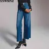 XNWMNZ ZA Kvinnor Mode Premium Marine Straight Jeans Vintage Patch Fickor Seamless Hems Hög Midja Zip Fly Button Denim Kvinna 210708