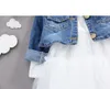 M3949 Kid Meisjes Denim Mesh Jurk Peuter Baby Lange Mouwen Jurken Casual Kids Party Kleding