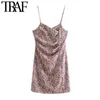 TRAF Femmes Chic Mode Floral Imprimer Mini Robe Plissée Vintage V Cou Dos Nu Bretelles Fines Robes Féminines Robes 210608