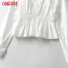 Tangada Frauen Retro Weiß Plissee Tunika Crop Shirt Frühling Chic Weibliche Dünne Hemd Tops FE05 210609