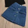 Verão crianças vestuário conjuntos moda meninas ternos preto lace top e botão jeans saia 2 pcs roupas doces menina 210508