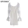 Mulheres Chique Moda Com Cordão Smocked Mini Vestido Bordado Malha Mangas Femininas Vestidos 210420