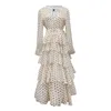 Apricot Polka Dot V Neck Chiffon Dress Long Sleeve Cascading Ruffle Cake Fairy Elegant Spring Fall D2229 210514