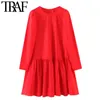 ONKOGENE Frauen Chic Mode Plissee Saum Rot Mini Kleid Vintage O Neck Puff Sleeve Weibliche Kleider Vestidos Mujer 210415