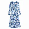 Femme élégante bleu imprimé col carré Satin longue robe printemps mode dames fente latérale es femme Patry 210515