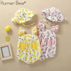 Summer Baby Clothes Brand Fashion Cotton Bubble Short-sleeved Jumpsuit + Hat Toddler Girls Rompers Clothing 210611