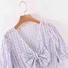 Чу Сау красота мода милый блоггер стиль фиолетовый цветочный принт топы женские сладкие шикарные лук v-образным вырезом блузки Camisa de moda 210508