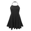 Sexy Women Summer Sleeveless Backless A-Line Dress Casual Halter Lace Up Slim Elastic Waist Pullover Black Mini Ladies 210526